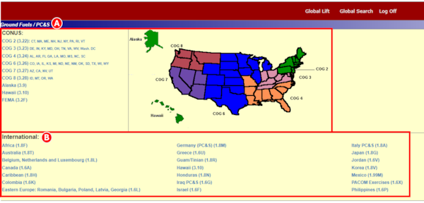 On the main DLA Energy Direct Delivery PC&S Contract Information System (CIS) home screen select the desired Continental US (CONUS) or International (OCONUS) location to pull associated contract information.
