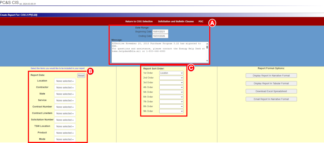 When searching DLA Energy Direct Delivery PC&S historical contract data a Supplier can filter on date ranges, report data criteria and sort data from the Customer Organized Groups (COGs) and International locations to pull contract related information.