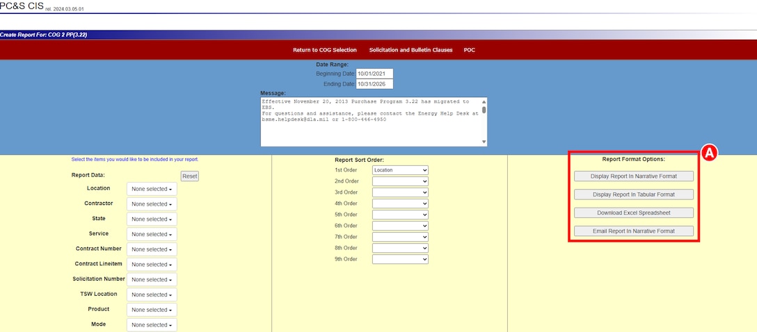 DLA Energy Direct Delivery PC&S Contract Information System Global Search report format options include: Narrative Format, Tabular Format, Download Excel Spreadsheet, or email report in Narrative format.