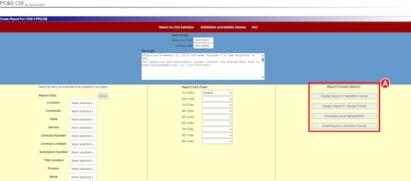 DLA Energy Direct Delivery PC&S Contract Information System Global Search report format options include: Narrative Format, Tabular Format, Download Excel Spreadsheet, or email report in Narrative format.