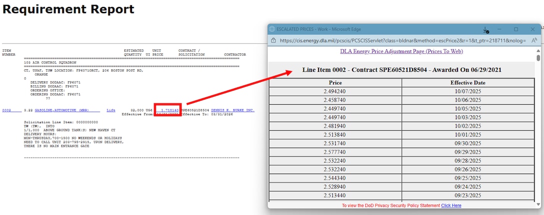 DLA Energy Direct Delivery PC&S Contract Information System historical contract data from the Narrative format option with Escalator pricing data.