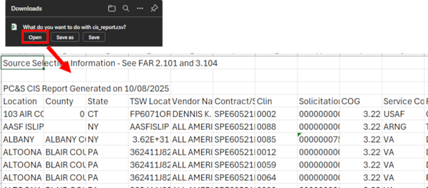 DLA Energy Direct Delivery PC&S Contract Information System Global Search report from Download Excel Spreadsheet option. To view report select the downloads pop up Open button.