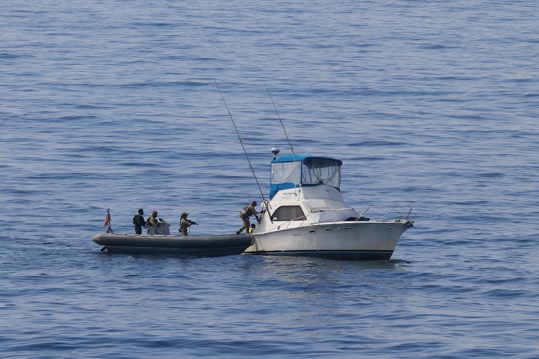 A U.S. Coast Guard Law Enforcement Detachment (LEDET) embarked aboard the Arleigh Burke-class guided-missile destroyer USS Sampson (DDG 102), interdicted 14 aliens aboard a 33-foot sport fishing  vessel approximately 18 miles southeast of Catalina Island, California, Sunday morning.