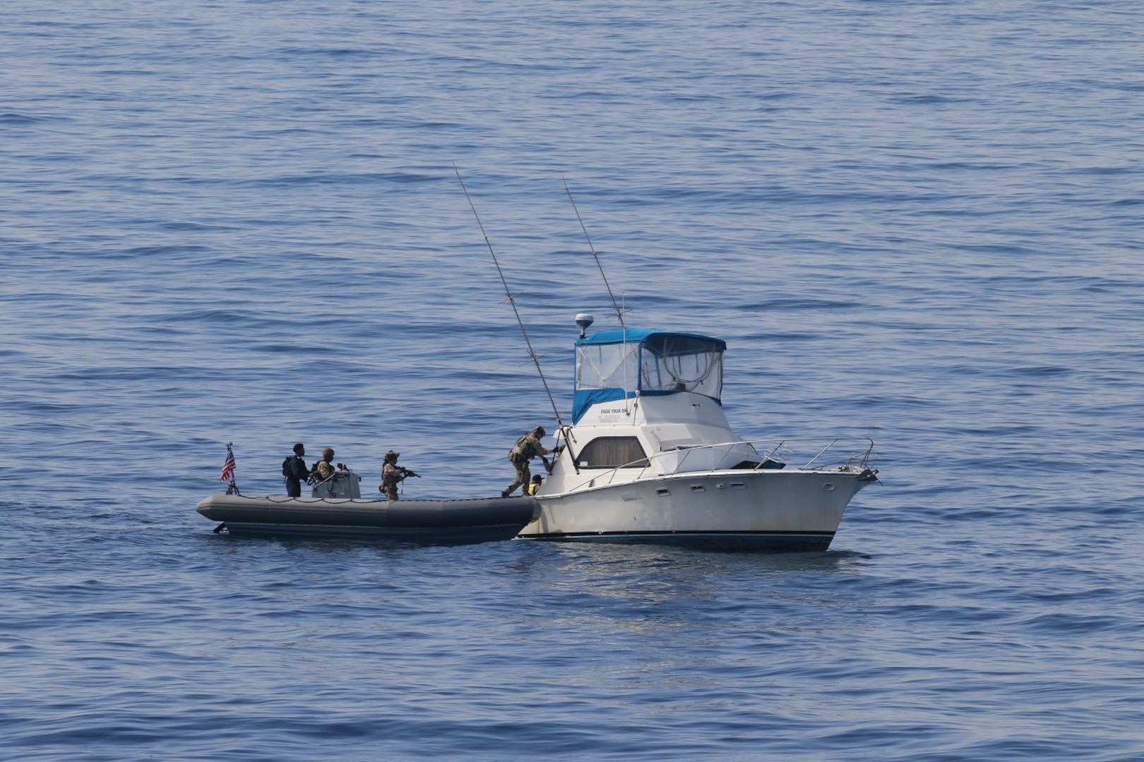 A U.S. Coast Guard Law Enforcement Detachment (LEDET) embarked aboard the Arleigh Burke-class guided-missile destroyer USS Sampson (DDG 102), interdicted 14 aliens aboard a 33-foot sport fishing  vessel approximately 18 miles southeast of Catalina Island, California, Sunday morning.