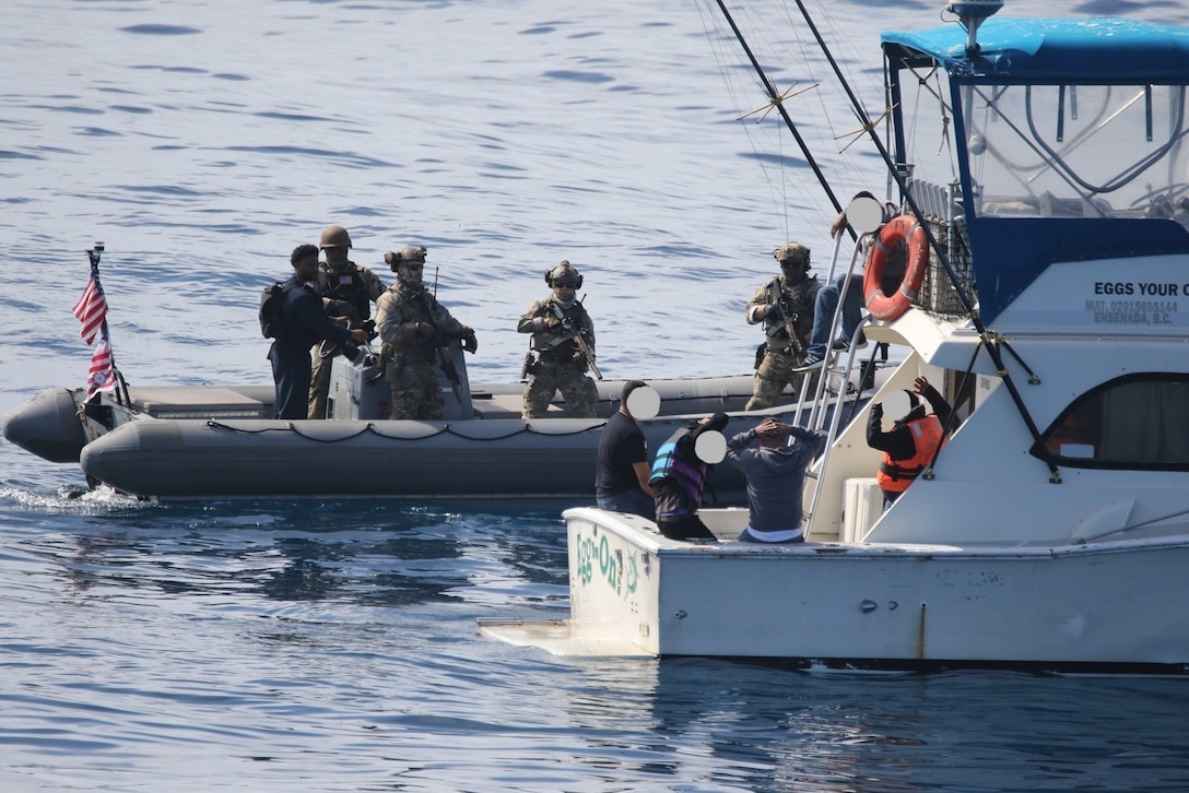 A U.S. Coast Guard Law Enforcement Detachment (LEDET) embarked aboard the Arleigh Burke-class guided-missile destroyer USS Sampson (DDG 102), interdicted 14 aliens aboard a 33-foot sport fishing  vessel approximately 18 miles southeast of Catalina Island, California, Sunday morning.