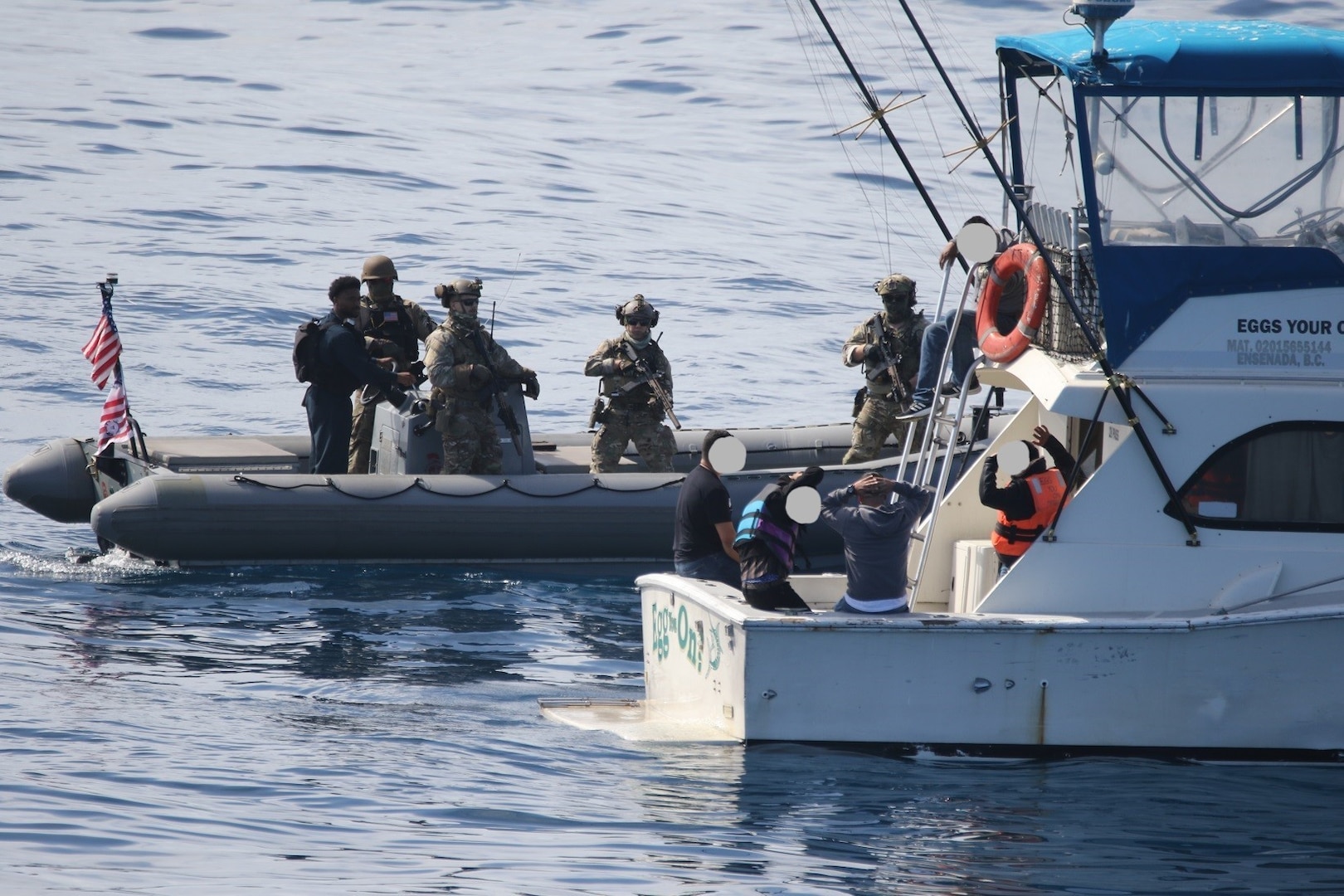 A U.S. Coast Guard Law Enforcement Detachment (LEDET) embarked aboard the Arleigh Burke-class guided-missile destroyer USS Sampson (DDG 102), interdicted 14 aliens aboard a 33-foot sport fishing  vessel approximately 18 miles southeast of Catalina Island, California, Sunday morning.