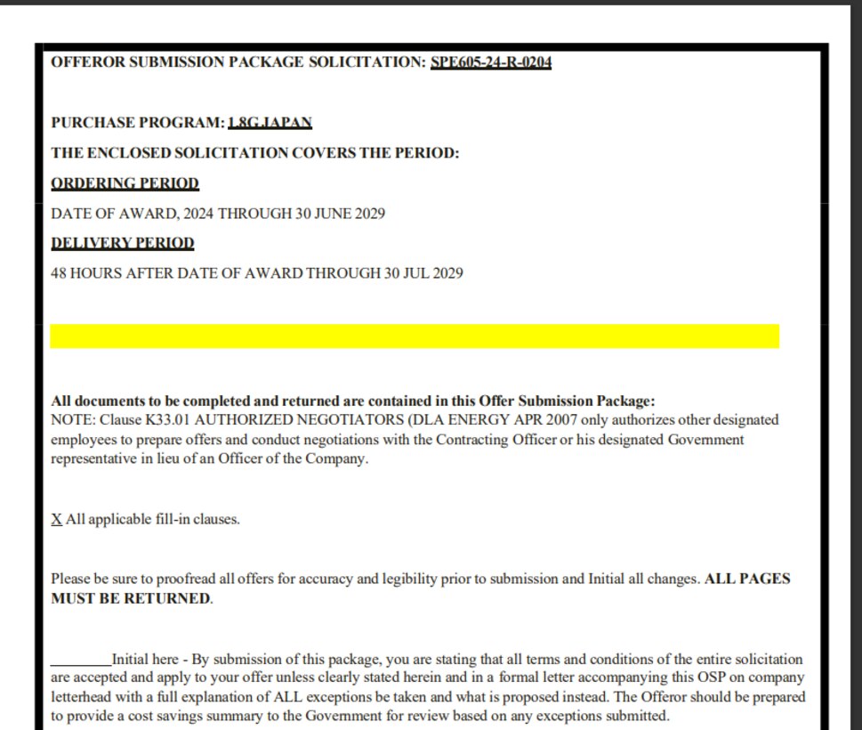 Example of a DLA Energy Direct Delivery PC&S Offer Submission Package document required to be filled out by Suppliers during the offer submission stage.