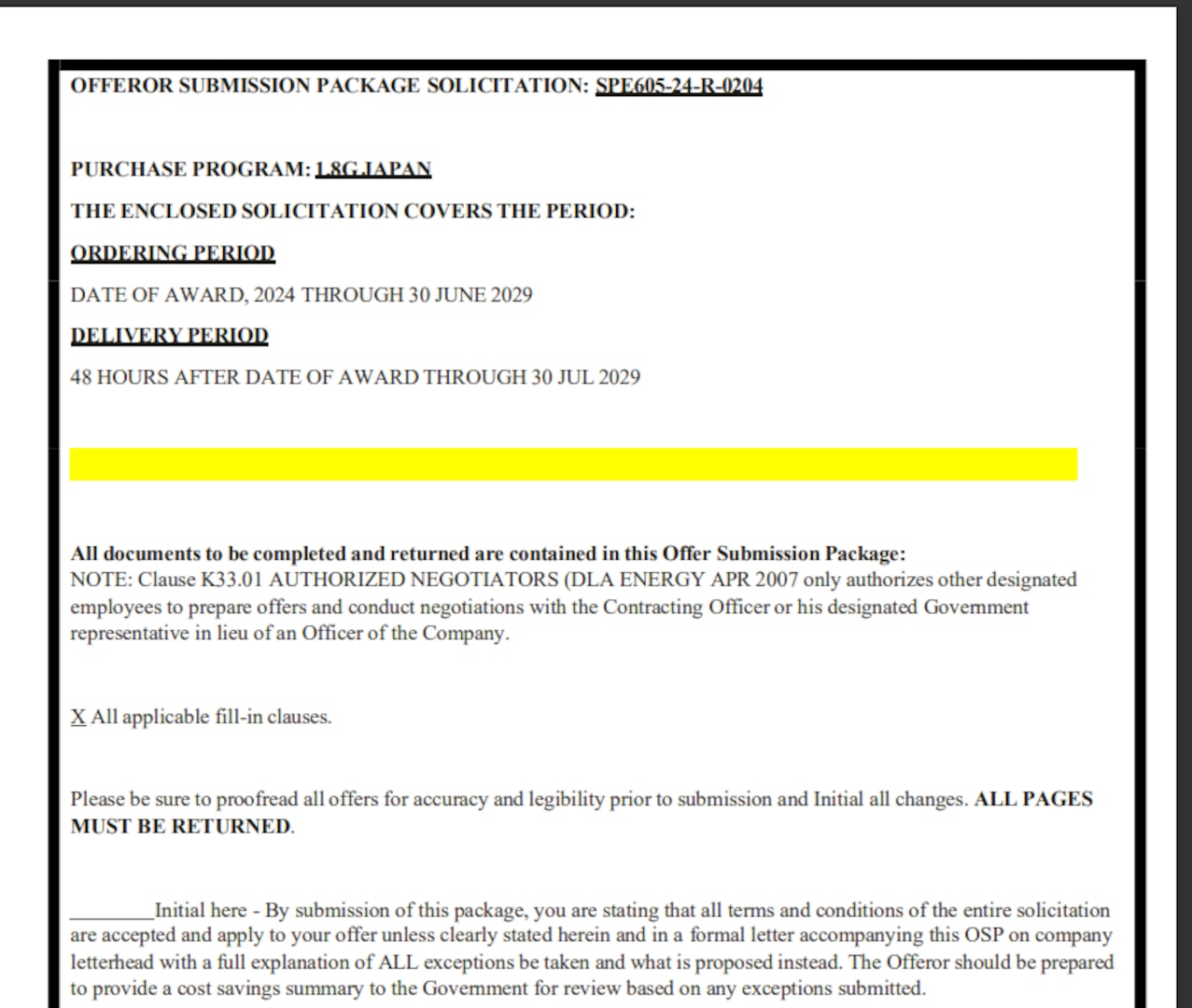 Example of a DLA Energy Direct Delivery PC&S Offer Submission Package document required to be filled out by Suppliers during the offer submission stage.