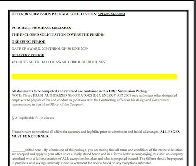 Example of a DLA Energy Direct Delivery PC&S Offer Submission Package document required to be filled out by Suppliers during the offer submission stage.