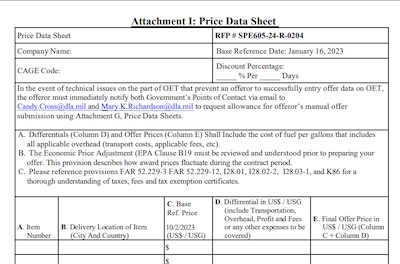 Example of a DLA Energy Direct Delivery PC&S Price Data Sheet required to be filled out by Suppliers during the offer submission stage.