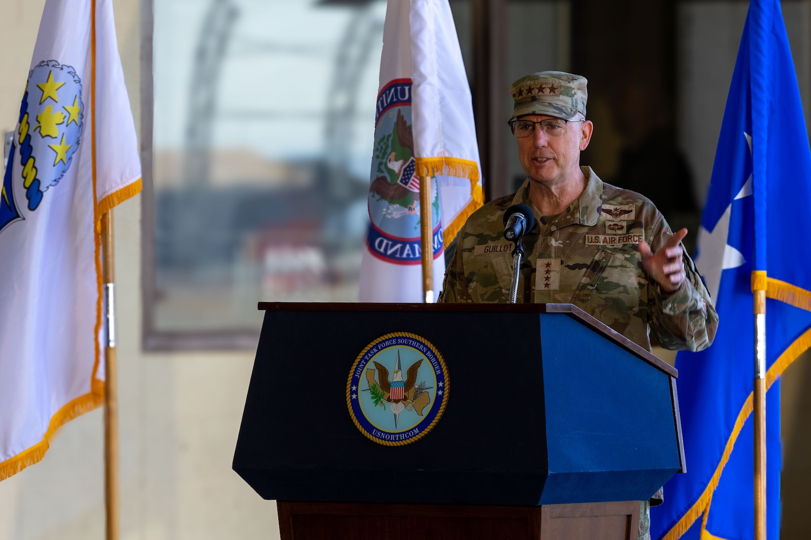Gen. Gregory Guillot, Commander, North American Aerospace Defense Command and U.S. Northern Command, give a speech during the Joint Task Force-Southern Border Transfer of Authority ceremony at Fort Huachuca, Ariz., Oct. 10, 2025. The ceremony signifies the formal transfer of authority and responsibility from the outgoing to incoming commander. JTF-SB executes full-scale, agile, and all-domain operations in support of U.S. Customs and Border Protection to protect the territorial integrity of the United States and achieve 100% operational control of the southern border. (U.S. Army Photo by Spc. Janean Carr)