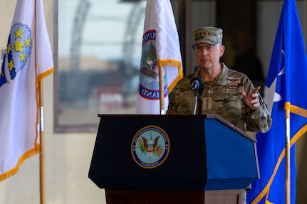 Gen. Gregory Guillot, Commander, North American Aerospace Defense Command and U.S. Northern Command, give a speech during the Joint Task Force-Southern Border Transfer of Authority ceremony at Fort Huachuca, Ariz., Oct. 10, 2025. The ceremony signifies the formal transfer of authority and responsibility from the outgoing to incoming commander. JTF-SB executes full-scale, agile, and all-domain operations in support of U.S. Customs and Border Protection to protect the territorial integrity of the United States and achieve 100% operational control of the southern border. (U.S. Army Photo by Spc. Janean Carr)