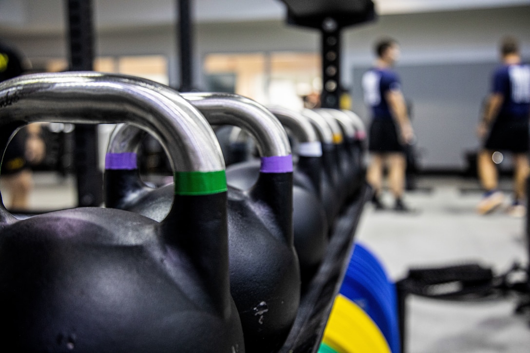 Kettle balls are lined up within a gym environment