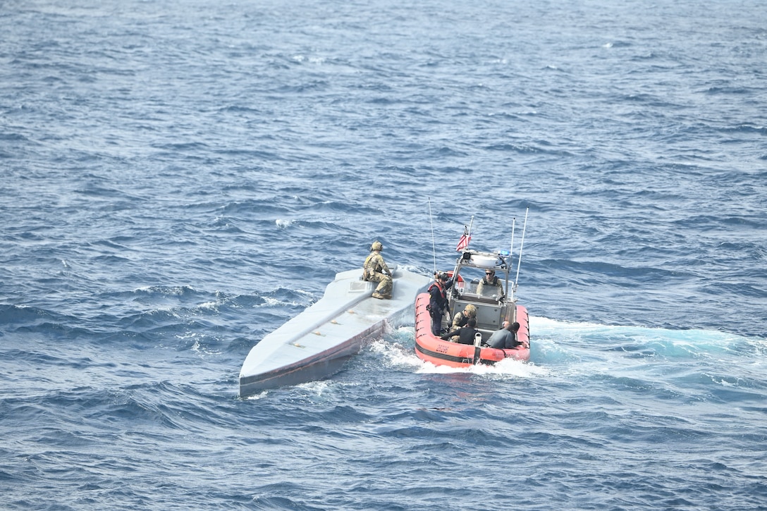 Coast Guard Cutter Tampa crewmembers intercept a suspected drug smuggling vessel during counter narcotics operations in the Eastern Pacific Ocean as part of Operation Pacific Viper. (U.S. Coast Guard photo)
