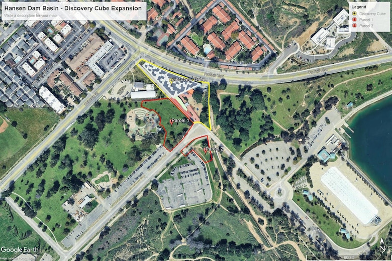 Location of Discovery Cube Los Angeles and additional parcels included as part of the proposed expansion at Hansen Dam in Los Angeles County, California.