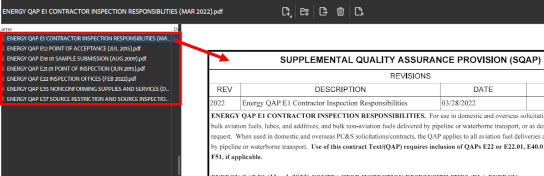 Example listing of Supplemental Quality Assurance Provisions (SQAPs) attached in one PDF package of standards.