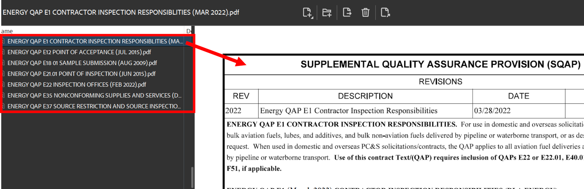 Example listing of Supplemental Quality Assurance Provisions (SQAPs) attached in one PDF package of standards.