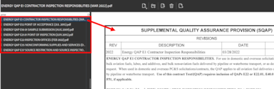 Example listing of Supplemental Quality Assurance Provisions (SQAPs) attached in one PDF package of standards.