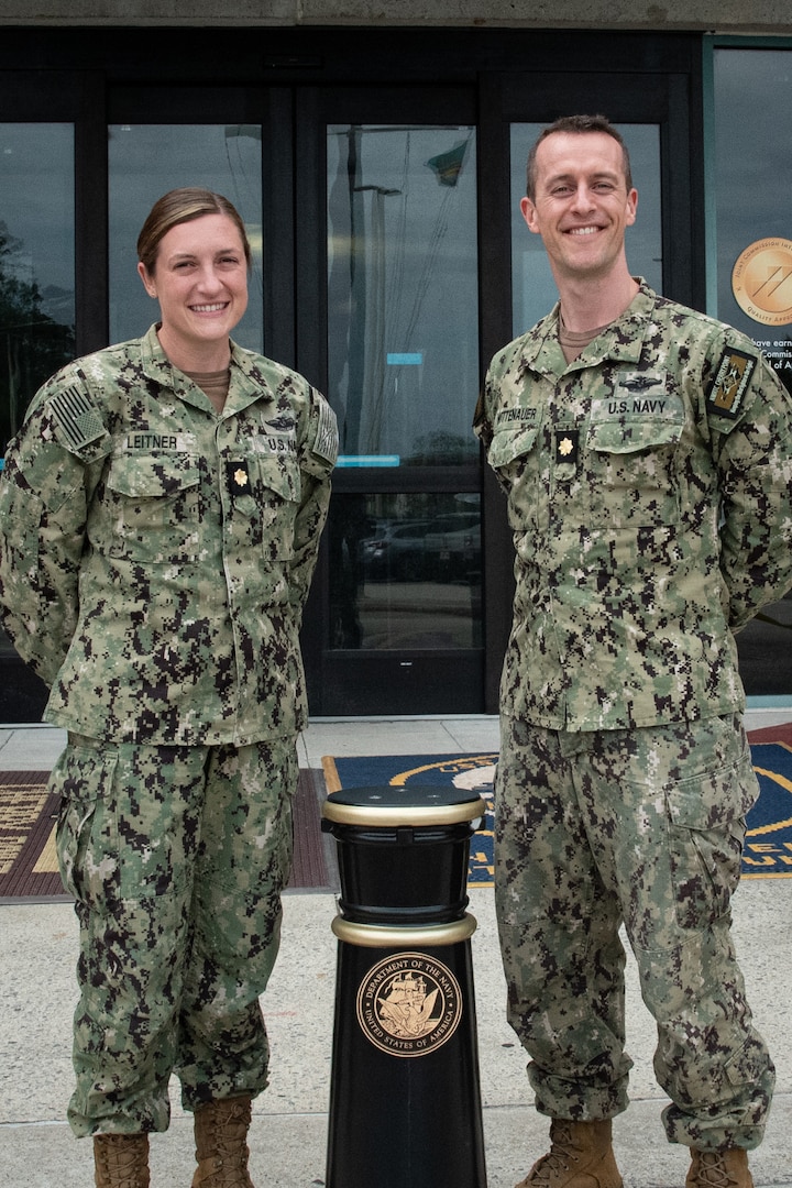 Lieutenant Commander Sara Leitner, PA-C, left, and Lieutenant Commander Jake Wittenauer, DSc, PA-C serve aboard Naval Health Clinic Cherry Point as Physician Associates.  The clinic celebrated PAs serving as staff members during National Physician Associate’s Week, October 6 to October 12.