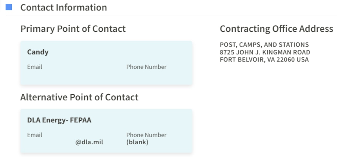 Example of a System for Award Management (SAM.gov) solicitation's Contact Information section with Primary and Alternative Points of Contact.