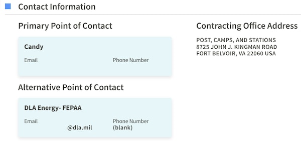 Example of a System for Award Management (SAM.gov) solicitation's Contact Information section with Primary and Alternative Points of Contact.