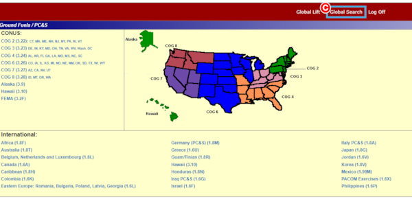 DLA Energy Direct Delivery PC&S Contract Information System home screen with Global Search option highlighted