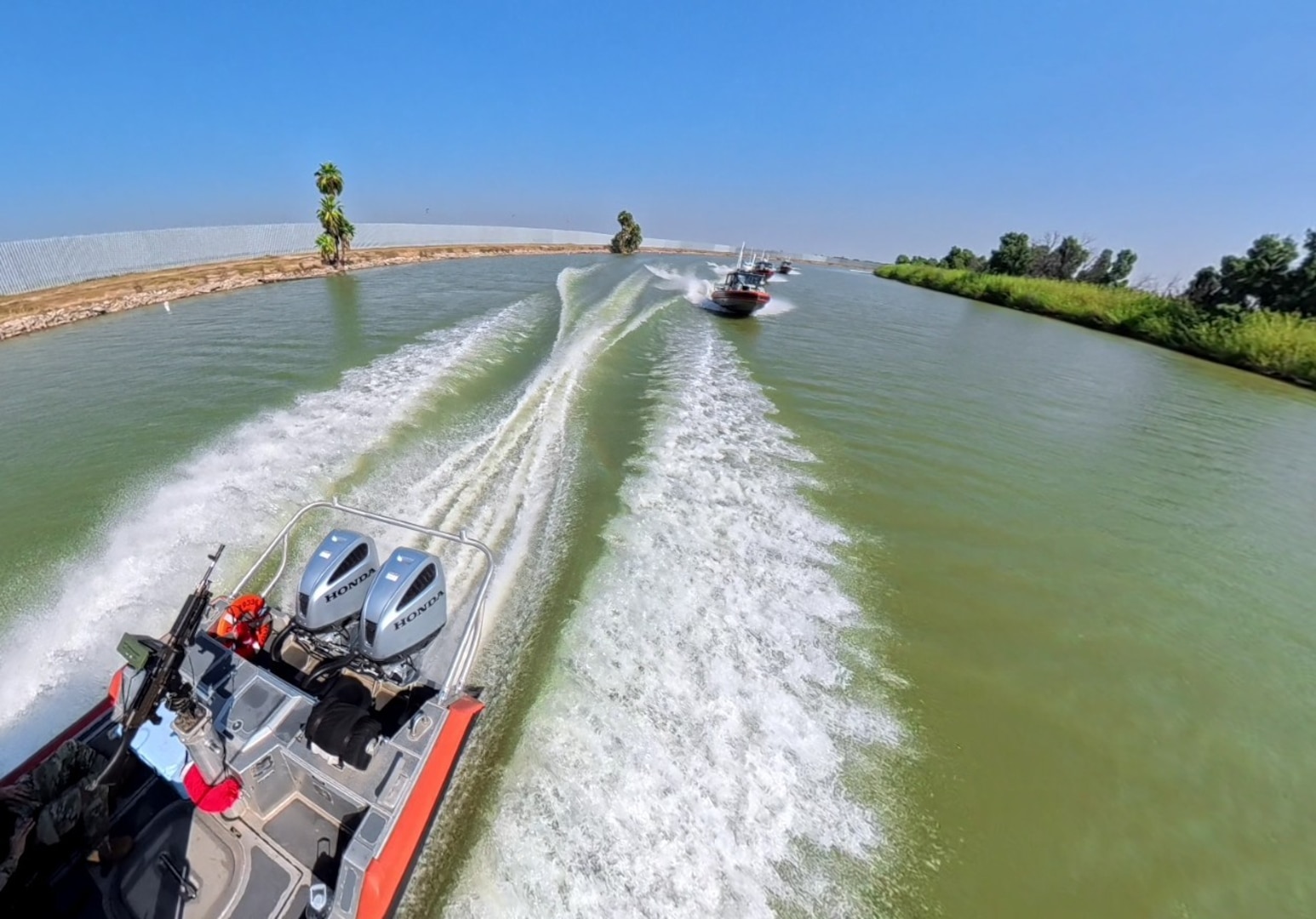 Coast Guard crews patrol the Rio Grande near Mission, Texas Oct. 18, 2025.