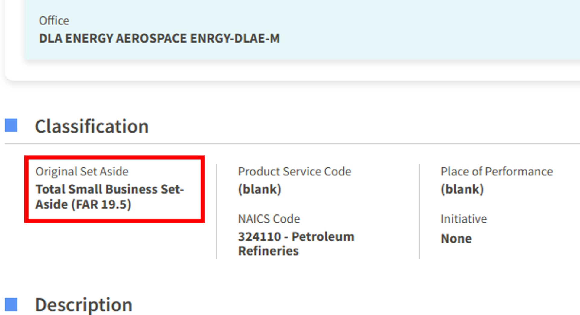 System for Award Management (SAM.gov) Solicitation's Original Set Aside field highlighted with statement "Total Small Business Set-Aside (FAR 19.5)"