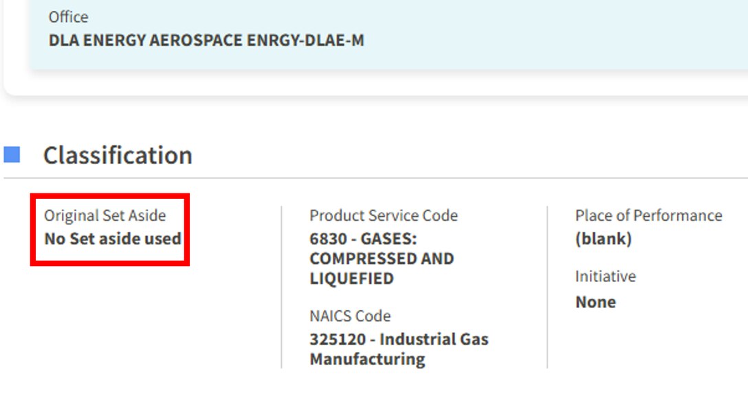 System for Award Management (SAM.gov) Solicitation's Original Set Aside field highlighted with "No Set aside used"