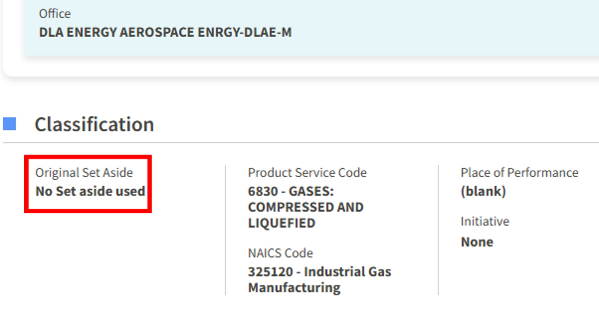System for Award Management (SAM.gov) Solicitation's Original Set Aside field highlighted with "No Set aside used"