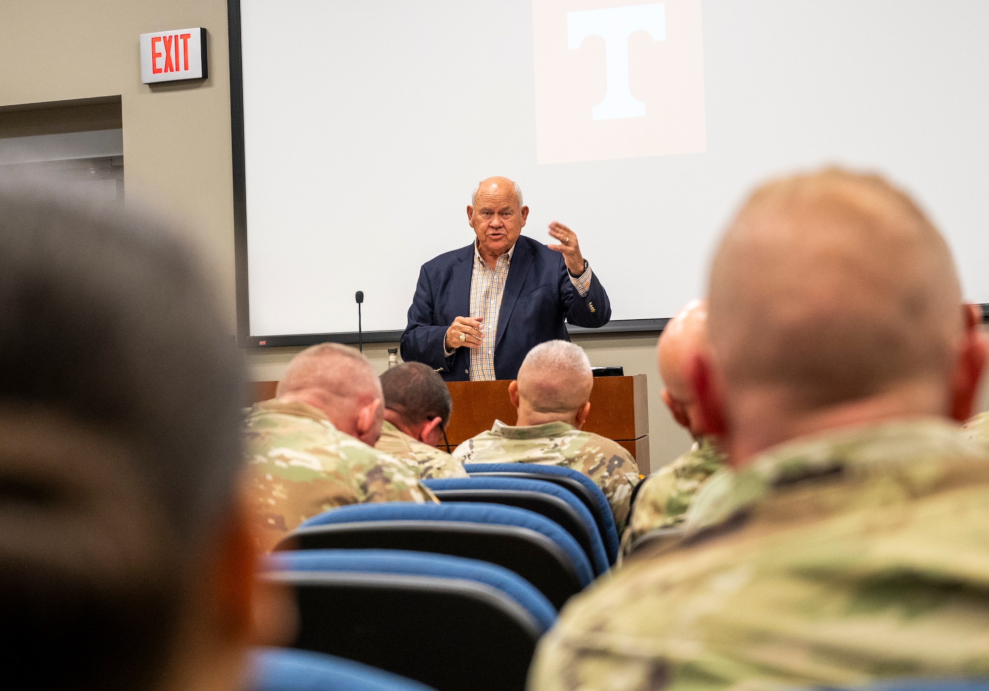 Former University of Tennessee Knoxville Athletic Director Phillip Fulmer speaks to the senior enlisted members of the Tennessee Air and Army National Guard during a conference at McGhee Tyson Air National Guard Base September 17, 2025.