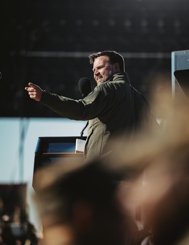The Honorable JD Vance, Vice President of the United States, delivers remarks during the Marine Corps 250th Birthday Beach Bash at Marine Corps Base Camp Pendleton, California, Oct. 18, 2025. The Marine Corps 250th Birthday Beach Bash at Camp Pendleton is one of many events taking place across the country to celebrate 250 years of service and to honor the Marines, Sailors, and families who strengthen our Corps. America’s Marines remain capable, credible, and committed—ready to fight and win whenever the Nation calls. (U.S. Marine Corps photo by Sgt. Joseph Helms)