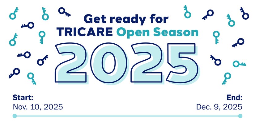 Text reads: Get ready for TRICARE Open Season 2025. Start: Nov. 10, 2025. End: Dec. 9, 2025. Image of dark blue and light blue keys.