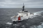 Coast Guard Cutter Waesche (WMSL 751 transit the Bering Sea during Arctic Edge 2025, Aug. 10, 2025. AE25 is a North American Aerospace Defense Command (NORAD) and U.S. Northern Command-led homeland defense exercise designed to improve readiness, demonstrate capabilities, and enhance Joint and Allied Force interoperability in the Arctic. (U.S. Coast Guard Courtesy Photo)