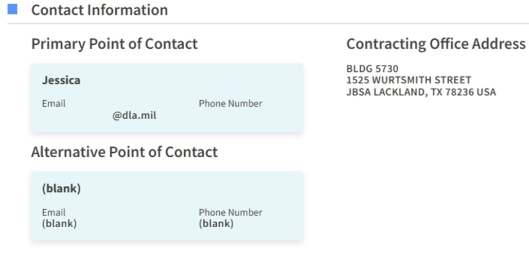 System for Award Management (SAM.gov) Contact Information example section on a DLA Energy Aerospace Solicitation with Primary and Alternative Point of Contacts