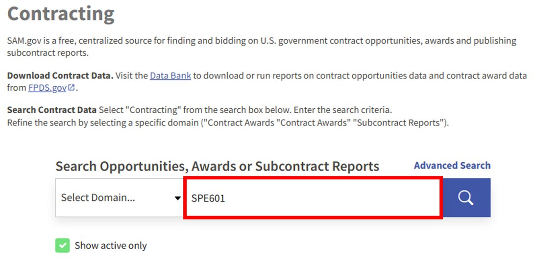 User typing in SPE601 into System for Award Management (SAM.gov)'s contracting search