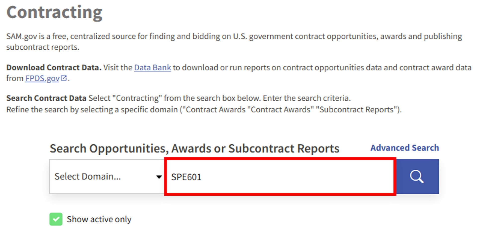 User typing in SPE601 into System for Award Management (SAM.gov)'s contracting search