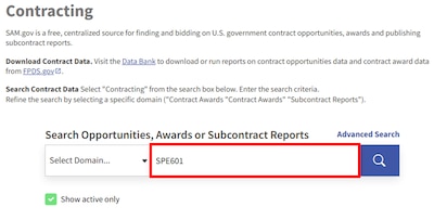 User typing in SPE601 into System for Award Management (SAM.gov)'s contracting search