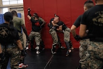 U.S. Marines participate in a free sparring workshop during the Marine Corps Martial Arts 25th anniversary symposium hosted by the Martial Arts and Fitness Center of Excellence pose for a group photo on Marine Corps Base Quantico, Virginia, Oct. 9, 2025. The goal of this symposium was to provide the Fleet Marine Force with instructions and practical application on the new tan-black belt syllabus and the new free sparring events while integrating guided discussions fostering character development and recounting the storied tradition of the Marine Corps Martial Arts Program. (U.S. Marine Corps photo by Cpl. Joshua Barker)