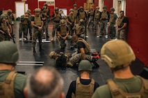 U.S. Marine Corps Staff Sgt. Daniel N. Morales, a Martial Arts Instructor Trainer and motor vehicle operator, right, and Sgt. Arkel Brown, a MAIT and mortarman, both with The Martial Arts and Fitness Center of Excellence, The Basic School, Training Command, demonstrate techniques during the Marine Corps Martial Arts 25th anniversary symposium hosted by the MAFCE on Marine Corps Base Quantico, Virginia, Oct. 8, 2025. The goal of this symposium was to provide the Fleet Marine Force with instructions and practical application on the new tan-black belt syllabus and the new free sparring events while integrating guided discussions fostering character development and recounting the storied tradition of the Marine Corps Martial Arts Program. (U.S. Marine Corps photo by Cpl. Joshua Barker)