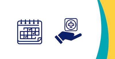 Icons of calendar and hand holding medical symbol.