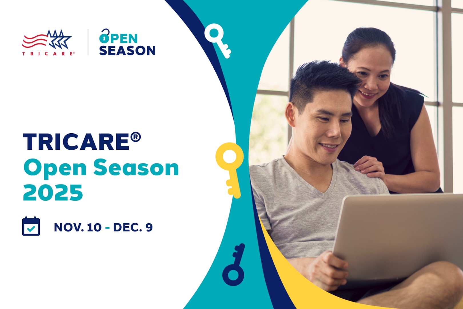 "TRICARE Open Season 2025 Nov. 10-Dec. 9" next to a man and woman looking at a laptop.