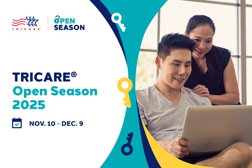 "TRICARE Open Season 2025 Nov. 10-Dec. 9" next to a man and woman looking at a laptop.