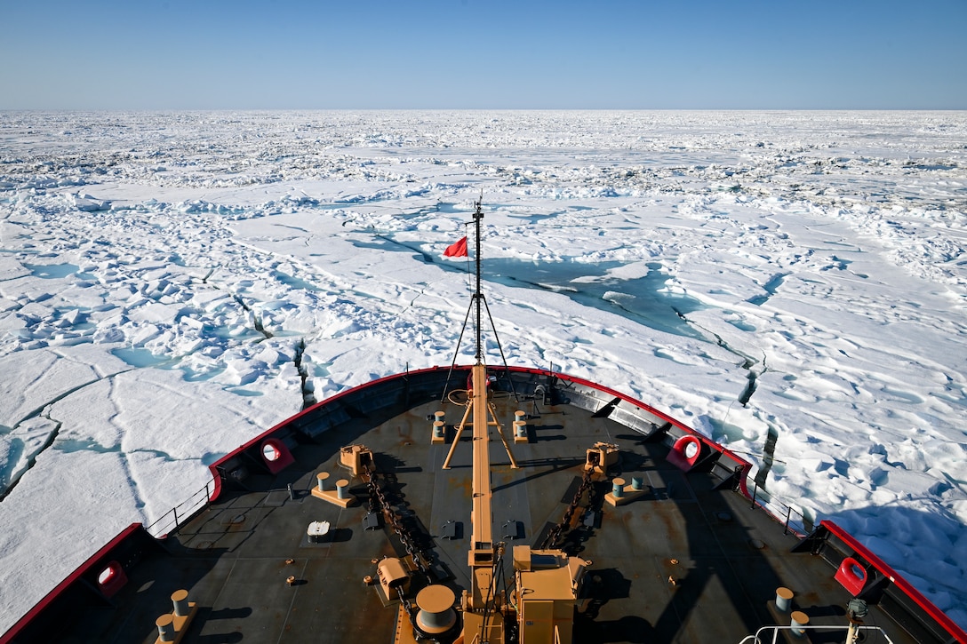 U.S. Coast Guard Cutter Healy (WAGB 20) navigates the ice filled Chukchi Sea, July 2, 2025. The crew of the Healy are currently deployed to the Arctic region in support of Coast Guard Task Force Arctic, the U.S. National Science Foundation, and the Department of Defense Office of Naval Research. (U.S. Coast Guard photo by Petty Officer 1st Class Steve Strohmaier)