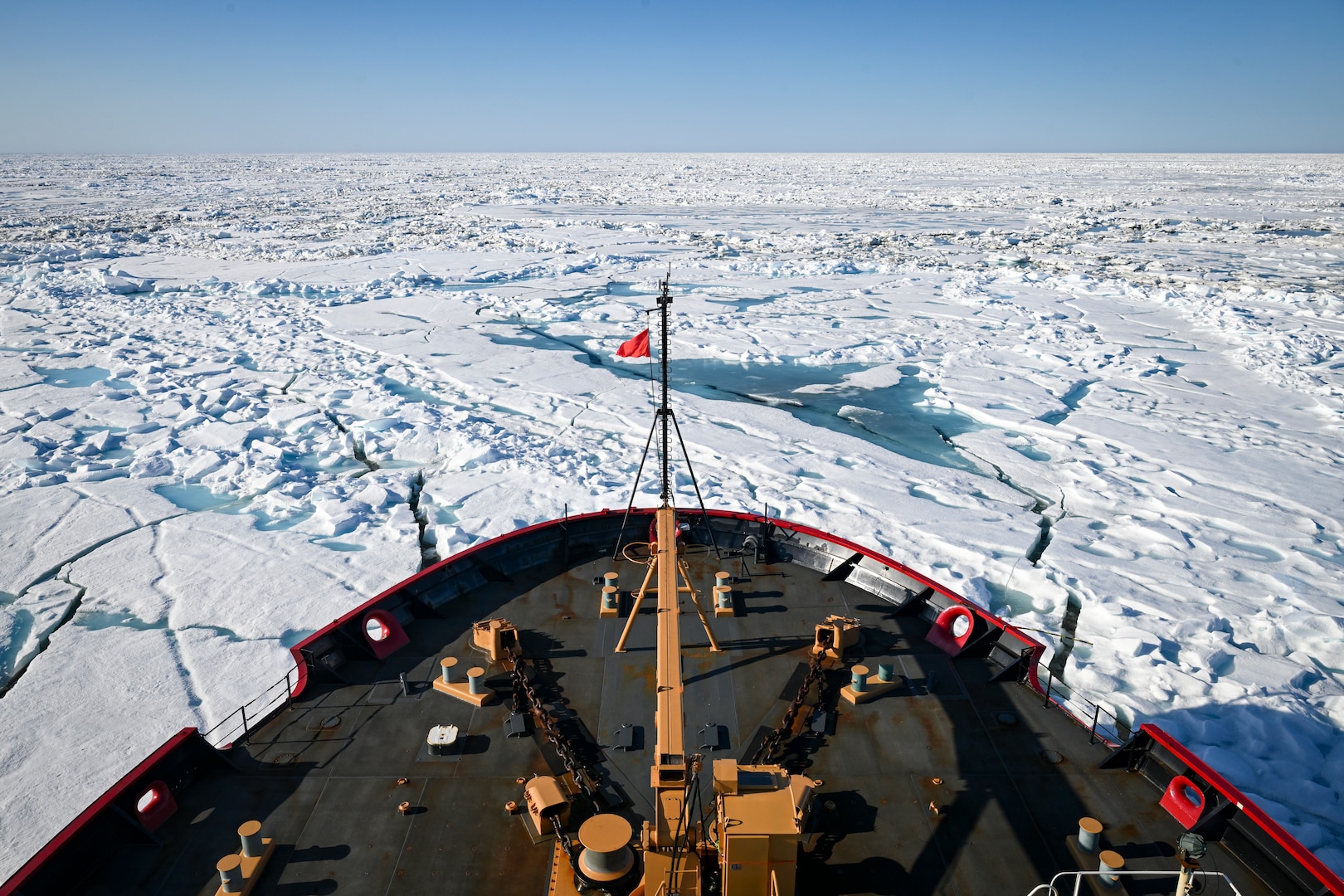 U.S. Coast Guard Cutter Healy (WAGB 20) navigates the ice filled Chukchi Sea, July 2, 2025. The crew of the Healy are currently deployed to the Arctic region in support of Coast Guard Task Force Arctic, the U.S. National Science Foundation, and the Department of Defense Office of Naval Research. (U.S. Coast Guard photo by Petty Officer 1st Class Steve Strohmaier)