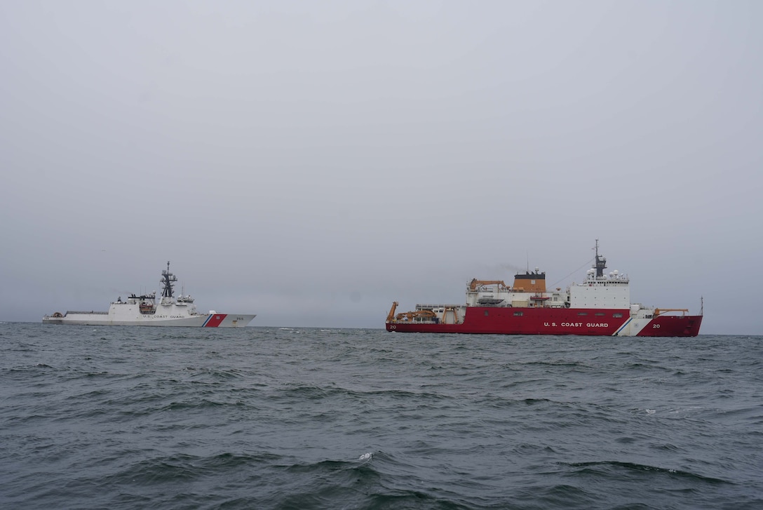 The U.S. Coast Guard Cutter Munro (WMSL 755) and U.S. Coast Guard Cutter Healy (WAGB 20) rendezvous near Nome, Alaska, to transfer mission essential personnel June 28, 2025. The Coast Guard’s efforts to secure Arctic waterways aim to ensure American security, prosperity and freedom in the face of evolving Arctic security challenges and risks. (U.S. Coast Guard photo by Lt. j.g. Samika Lewis.