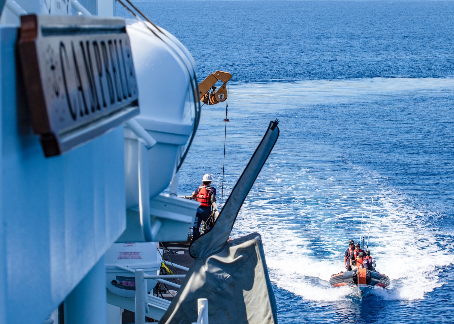 Coast Guard Cutter Campbell (WMEC 909) conducts small boat operations in the Windward Passage, Oct. 3, 2025. Campbell’s crew conducted a 54-day maritime border security patrol in the Windward Passage to protect the safety of life at sea and prevent unlawful maritime entry into the United States and its territories. (U.S. Coast Guard photo by Cmdr. Krystyn Pecora)