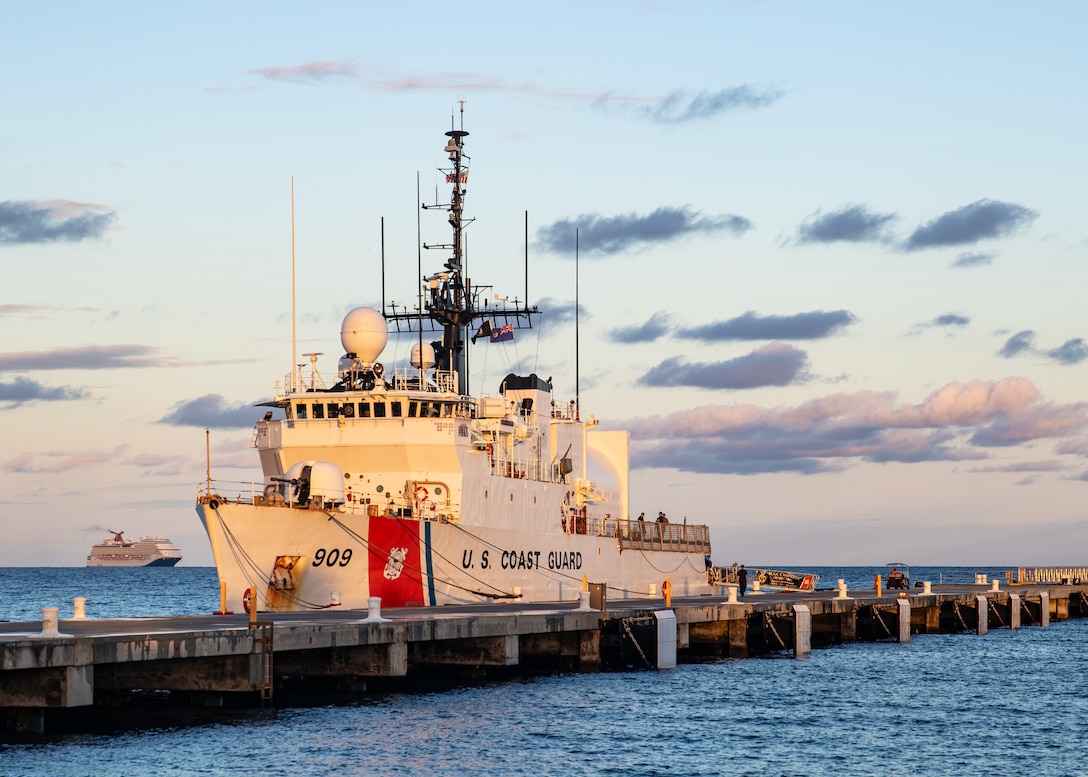 Coast Guard Cutter Campbell (WMEC 909) is moored to the pier on the island of Grand Turk, Turks and Caicos, Oct. 16, 2025. Campbell’s crew conducted a 54-day maritime border security patrol in the Windward Passage to protect the safety of life at sea and prevent unlawful maritime entry into the United States and its territories. (U.S. Coast Guard photo by Cmdr. Krystyn Pecora)