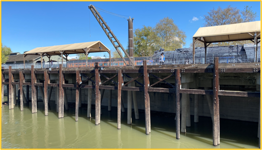 river water site in the foreground and a raised wooden platform where a train is stationed and people are walking along the water.