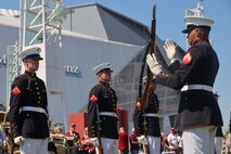 U.S. Marines with the United States Marine Corps Silent Drill Platoon execute their "rifle inspection" sequence during a performance at the College Football Aflac Kickoff show during Marine Week Atlanta in Atlanta, Ga., Aug. 31, 2025. The year 2025 marks the 250th anniversary of the United States Marine Corps, a milestone that highlights the legacy, transformation and enduring spirit of the Corps since 1775. Throughout the year, Marines across the globe will commemorate this anniversary by honoring the service and sacrifice of those who served before them and by remaining faithful to the motto Semper Fidelis. (U.S. Marine Corps photo by Cpl. Christopher Prelle)